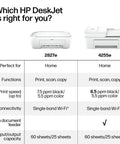 Comparison of HP DeskJet 2827e and 4255e printers highlighting features like print speed, single-band Wi-Fi, and input capacity.