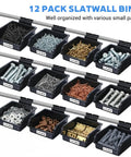 12 Pack Slatwall Bins With Hooks Plastic Organizer Set for Storage holding assorted screws and bolts, black bins on slatwall.