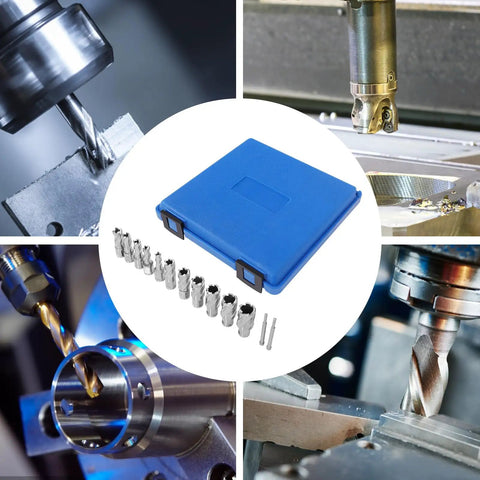 Built Tough Hss Annular Cutter Set With 13 Piece Ring Cutting Tools One Inch Full Depth Three Quarter Weldon Shank in blue case.