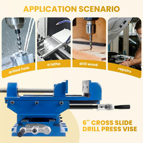 Image of the Badass Six Inch Cross Slide Drill Press Vise showcasing its application in machining and woodworking tasks.