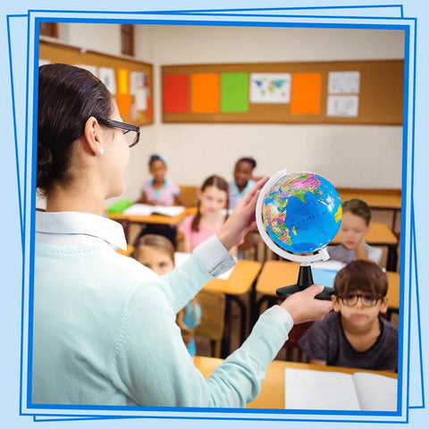 Teacher using 24 Piece Mini World Globe Set For Kids Learning Kid Friendly 3 Point 4 Inch Rotating Globes With Stands in a classroom.