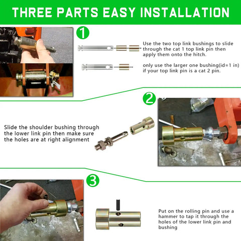 Cat 1 Quick Hitch Adapter Bushing Kit For Category 1 3 Point Tractors And Implements, Durable Quick Hitch Accessory To Secure Attachments, Easy Install, Fits Most Cat 1 3 Point Systems. 3-piece install guide showing zinc-plated steel bushings and pin alignment