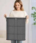 Woman holding a Big Boy Sized Foldable Storage Bin With Smooth Zipper Heavy Duty Nonwoven Fabric, 50x50x70cm.