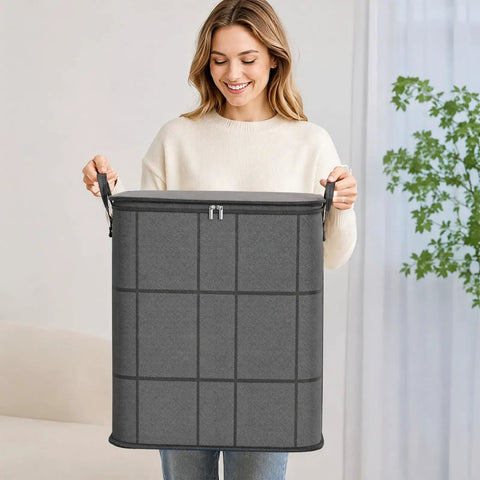 Woman holding a Big Boy Sized Foldable Storage Bin With Smooth Zipper Heavy Duty Nonwoven Fabric, 50x50x70cm.
