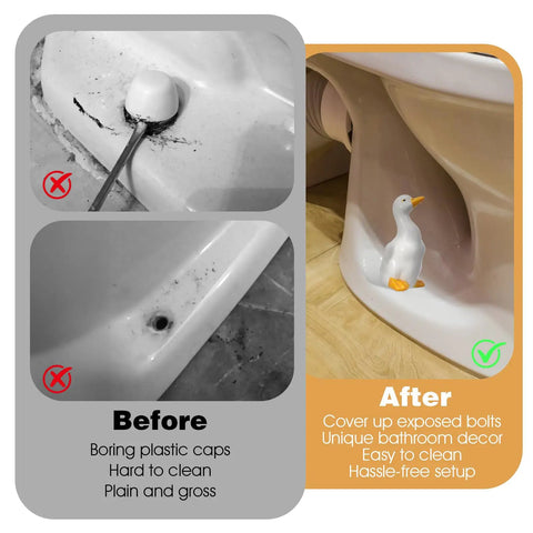 Adorable Ceramic Duck Toilet Bolt Covers Two Pack Decorative Screw Caps With Slick White Finish And Universal Fit shown in use.