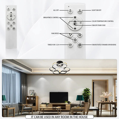 Remote and living room with Ceiling Fan With Lights And Remote Control, 3 Color Temperature Dimmable LED, 3 Speed Quiet Motor, Reversible