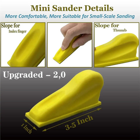 Ultimate 71 Piece Hook Loop Mini Sandpaper Kit With Sanding Block For Woodworking Art Paint Stripping Cups And Glass Corners - yellow mini sander with ergonomic design for finger use, 3.5 inch.