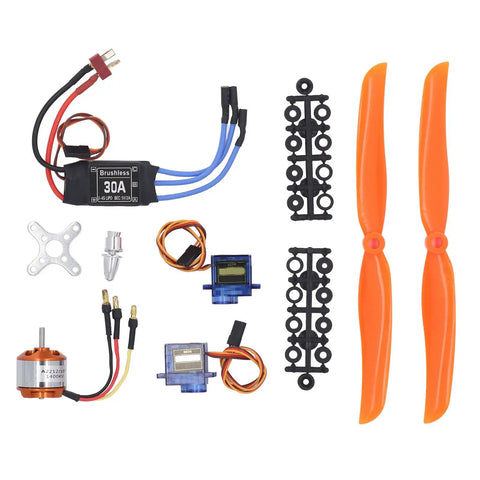 A2212 1400KV Brushless RC Plane Motor Kit With 30A ESC And SG90 Servos, showing components and orange propellers for aircraft
