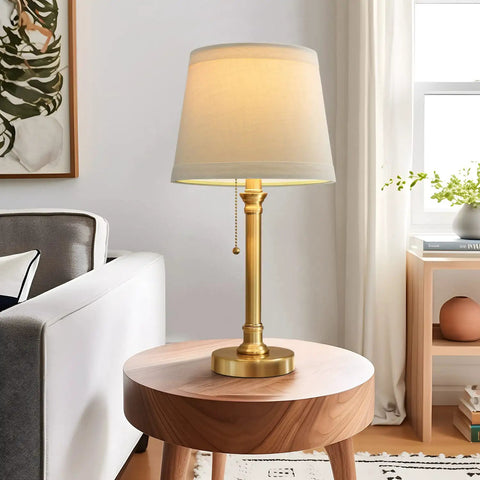 Modern Gold Brass Table Lamp Set Of 2 For Bedroom And Living Room With White Drum Shade 19.5 Inch Tall on wood table