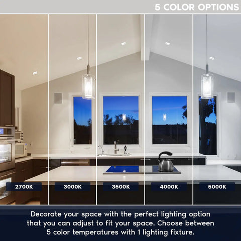 Five color temperature options displayed for Top Shelf 12 Pack 4 Inch Square Led Recessed Lights With J Box.