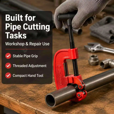 Versatile Pipe Cutter For One Eighth To Two Inch Tubing, Portable Tube Cutting Tool For Plumbing And DIY Projects, Handy, Compact, Lightweight And Easy To Use, Delivers Clean Cuts. Red pipe cutter on steel tubing on workbench