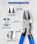 Detailed view of Five Pack 6.5 Inch Wire Cutters Set Ultra Sharp Flush Diagonal Cutters with blue handles and steel blades.