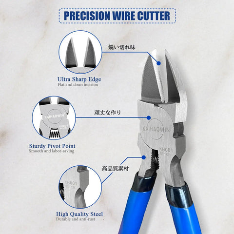 Detailed view of Five Pack 6.5 Inch Wire Cutters Set Ultra Sharp Flush Diagonal Cutters with blue handles and steel blades.