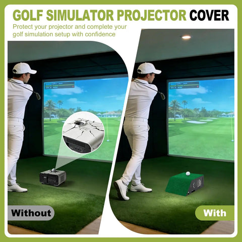 Comparison of golf simulation setup with and without Heavy Duty Floor Mounted Golf Simulator Projector Enclosure With Cooling Fan And Artificial Turf Ground Level Protection For Safe Budget Friendly No Fuss Home Swing Studio