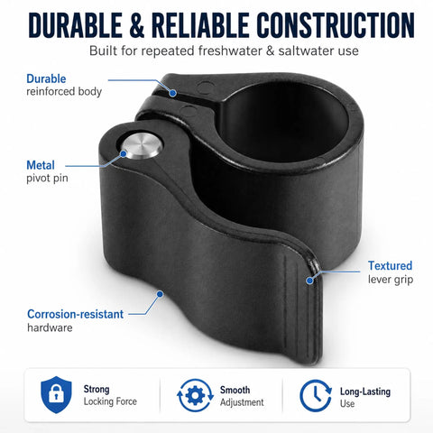 Cam Lock Depth Collar Assembly For Trolling Motors with metal pivot pin, textured grip, and corrosion-resistant body