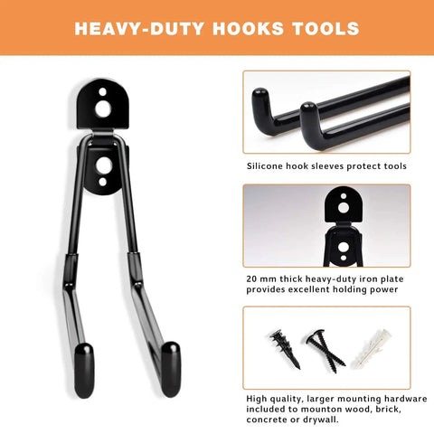 Ultra Heavy Duty 11 Inch Garage Hooks Wall Mount Storage Hangers Four Pack Long Hooks For Hanging Tools Chairs Hoses Ladders Ropes And Bulk Items A Beefed Up Durable Garage Organizer For Quick Access showing steel hooks with silicone grip and mounting hardware