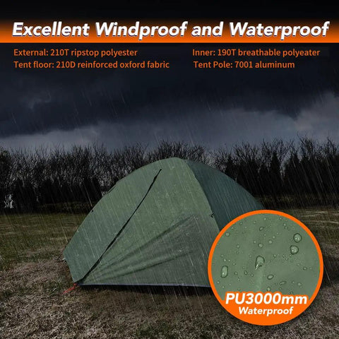 One Person Ultralight Backpacking Tent Waterproof Double Layer Free-Standing Aluminum Poles in rain