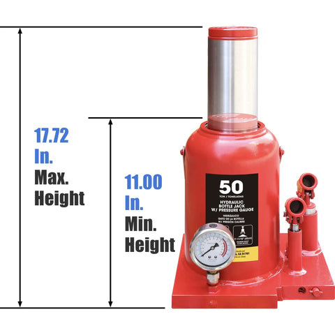 Beefy 5 Ton Pneumatic Bottle Jack For Auto Repair And Home Lifts, red jack with pressure gauge, 17.72 in max height