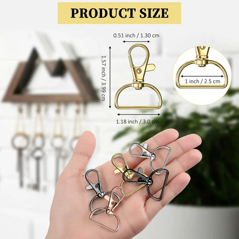 25 Heavy Duty Metal Swivel Clasp Hooks And One Inch D Ring Keychain Making Kit featuring size specs in hand.