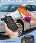 Portable Tire Inflator With Gauge And USB Charging Output, 150 PSI Fast Air Compressor charging phone near car