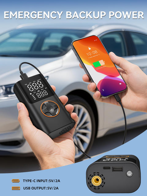 Portable Tire Inflator With Gauge And USB Charging Output, 150 PSI Fast Air Compressor charging phone near car