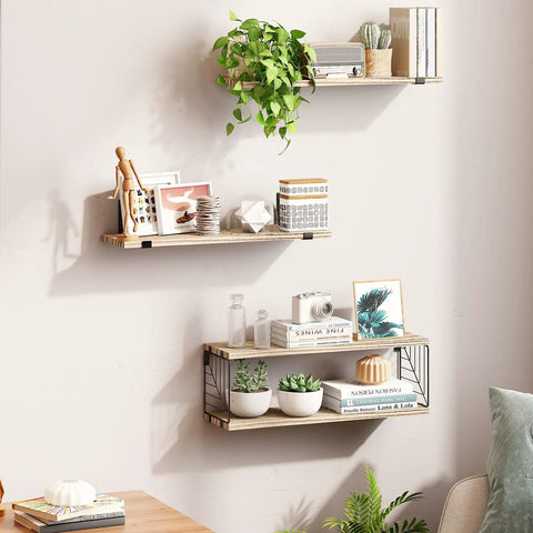 Wall Mounted Bathroom Over Toilet Storage Shelf Three Tier Light Brown Floating Rack Offers Sweet Side Storage For Toilet Paper And Toiletries Huge Win For Compact Restrooms with plants and decor.