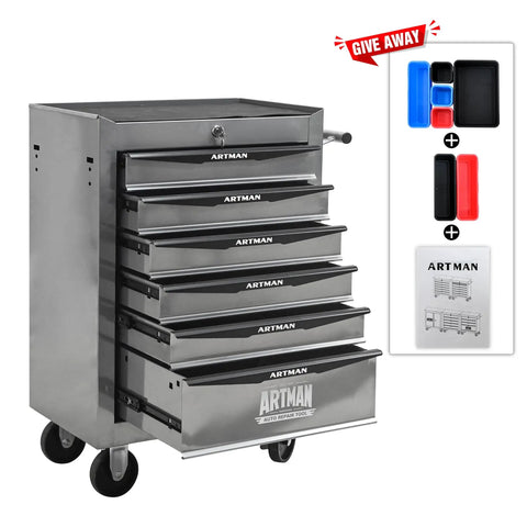 Badass 21 Inch Lockable Tool Storage Cabinet With Heavy Steel Countertop Smooth Ball Bearing Slides For Tough Garage Organization Secure Rolling Shop Locker Silver with drawers open.
