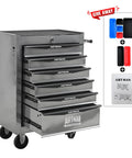 Hella Durable Lockable Tool Storage Cabinet With Heavy Steel Countertop And Quick Slide Drawers featuring six drawers and a sleek silver finish.