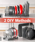 Expandable Pots And Pans Organizer Under Cabinet With Pot Lid Holder And 12 Adjustable Dividers, Space Saving Pan Rack for kitchen use.