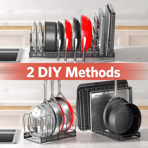 Expandable Pots And Pans Organizer Under Cabinet With Pot Lid Holder And 12 Adjustable Dividers, Space Saving Pan Rack for kitchen use.