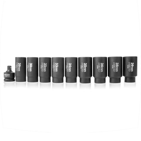 Heavy Duty 10 Piece 12 Point Socket Set For 1/2 Inch Drive With Lug Nut Remover And Axle Nut Sockets, Metric 29-39mm, Cr-Mo Impact Set