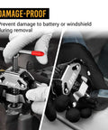 Pro Grade Auto Wiper Arm Puller And Battery Terminal Tool Adjustable Damage Free No Sweat Remove Rusted Stuck Wiper Arms Quickly Front And Rear Fits Five Sixteenths Inch To One And Three Sixteenths Inch Battery Post And Arm Easy To Use Car Repair in use showing damage-proof removal on battery terminal and wiper arm