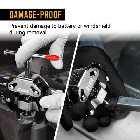 Pro Grade Auto Wiper Arm Puller And Battery Terminal Tool Adjustable Damage Free No Sweat Remove Rusted Stuck Wiper Arms Quickly Front And Rear Fits Five Sixteenths Inch To One And Three Sixteenths Inch Battery Post And Arm Easy To Use Car Repair in use showing damage-proof removal on battery terminal and wiper arm