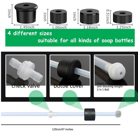 47 Inch Sink Soap Dispenser Extension Tube Kit with upgraded check valve, four multi-size caps, and powerful suction, fits most pumps.