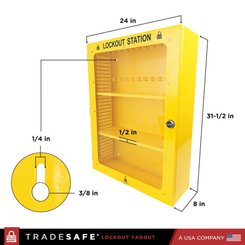 Heavy Duty Lockout Tagout Cabinet Wall Mount LOTO Storage Box Built Like A Tank With Twenty Two Shackle Holders side view dimensions