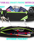 No Bounce Slim Running Belt Fanny Pack with open pockets holding keys, phone, passport, and cash, showing reflective and divider features.