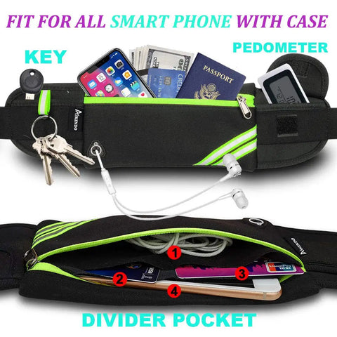 No Bounce Slim Running Belt Fanny Pack with open pockets holding keys, phone, passport, and cash, showing reflective and divider features.