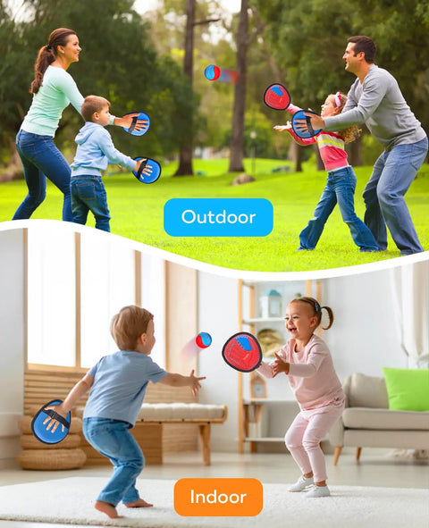 Family playing Toss And Catch Ball Game With Four Sticky Paddles For Kids outdoors and toddlers playing indoors, showing versatility.