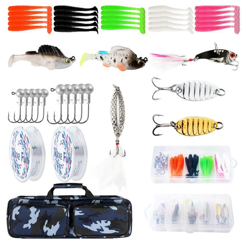 Fishing lures, tackle boxes, and portable bag from Two Piece Telescopic Fishing Rod And Reel Combo Set for freshwater and saltwater.