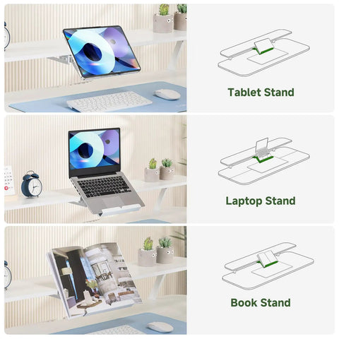 Electric Standing Desk With Drawers 48 By 24 Inches Height Adjustable Sit Stand Desk With Monitor And Laptop Stands Memory Presets Quiet Motor For Home Office White Built For Remote Work And Gaming featuring tablet, laptop, and book stand options.