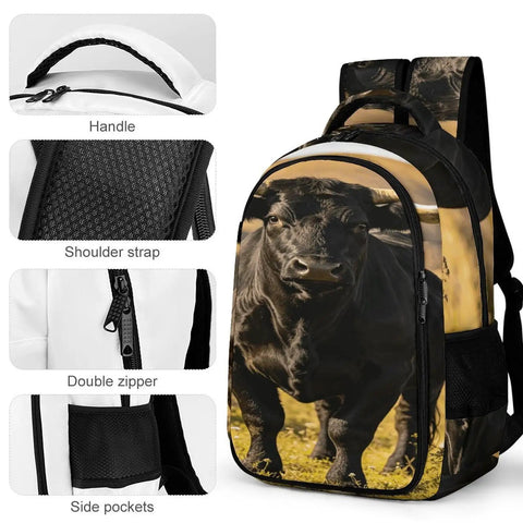 Black Longhorn Bull Printed Unisex Backpack With Large Capacity, Durable Polyester Daypack with details of handle and shoulder strap