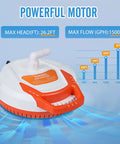 Automatic Pool Cover Pump One Quarter HP 1500 GPH Submersible Sump Pump with graph showing max flow and head height.