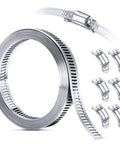 DIY Hose Clamp System Kit With 9.8 Ft Band And Six Fasteners, stainless steel band and fasteners displayed