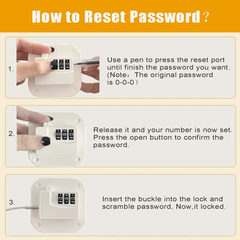 Instructions on resetting the password for Three Pack Fridge Lock With 3 Digit Combination For Baby Proofing Heavy Duty Refrigerator Door Lock For Toddlers Freezer Cabinet Drawer Lock With Strong Adhesive Kid Safe For Windows Toilet Lids Black