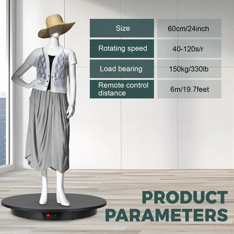 Flyrivergo Large Photography Turntable 24 Inch Rotary Platform With Remote Control For 360 Degree Video Shoots Heavy Duty Up To 330 Lbs showcasing parameters with mannequin display.