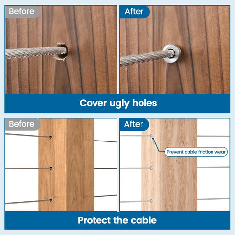 Comparison of wooden posts with and without stainless steel protective sleeves for one eighth inch wire rope in railing kit.