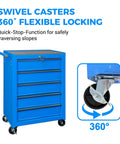 Heavy Duty 20 Inch Rolling Tool Chest Featuring 5 Slick Ball Bearing Drawers Rock Solid 360 Swivel Casters Scratch Proof Steel Work Top Blue Garage Organizer with flexible locking casters.
