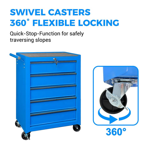 Heavy Duty 20 Inch Rolling Tool Chest Featuring 5 Slick Ball Bearing Drawers Rock Solid 360 Swivel Casters Scratch Proof Steel Work Top Blue Garage Organizer with flexible locking casters.