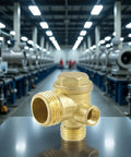 Heavy Duty 3 Port Brass Air Compressor Check Valve For Garage And Workshop Use Tough As Nails Pneumatic Replacement Part displayed in a factory.