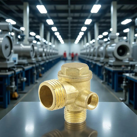 Heavy Duty 3 Port Brass Air Compressor Check Valve For Garage And Workshop Use Tough As Nails Pneumatic Replacement Part displayed in a factory.